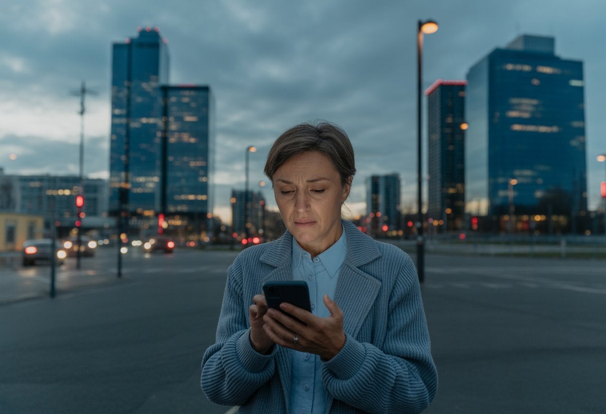 Blackout-Risiko Deutschland 2026: Realistische Einschätzung 1 Städtische Szene bei Dämmerung mit teilweise dunklen Gebäuden und einer besorgten Person, die auf ihr Smartphone schaut.