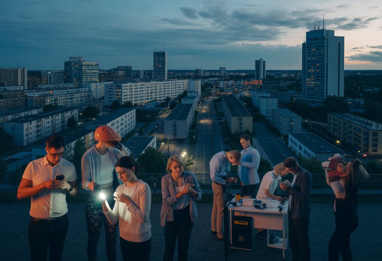 Blackout-Risiko Deutschland 2026: Realistische Einschätzung 2 Städtische Szene bei Dämmerung mit teilweise dunklen Gebäuden und Menschen, die sich mit Taschenlampen und Notvorräten auf einen Stromausfall vorbereiten.