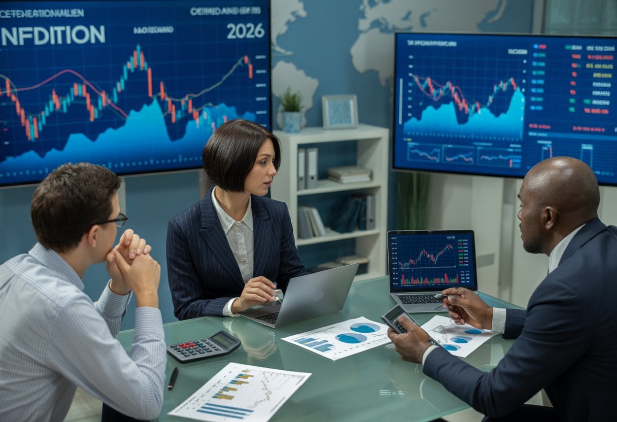 Inflation 2026: Warum Preise Trotz Zinssenkungen Hoch Bleiben 1 Mehrere Geschäftsleute in einem Büro analysieren Finanzdiagramme und wirtschaftliche Daten auf Bildschirmen.