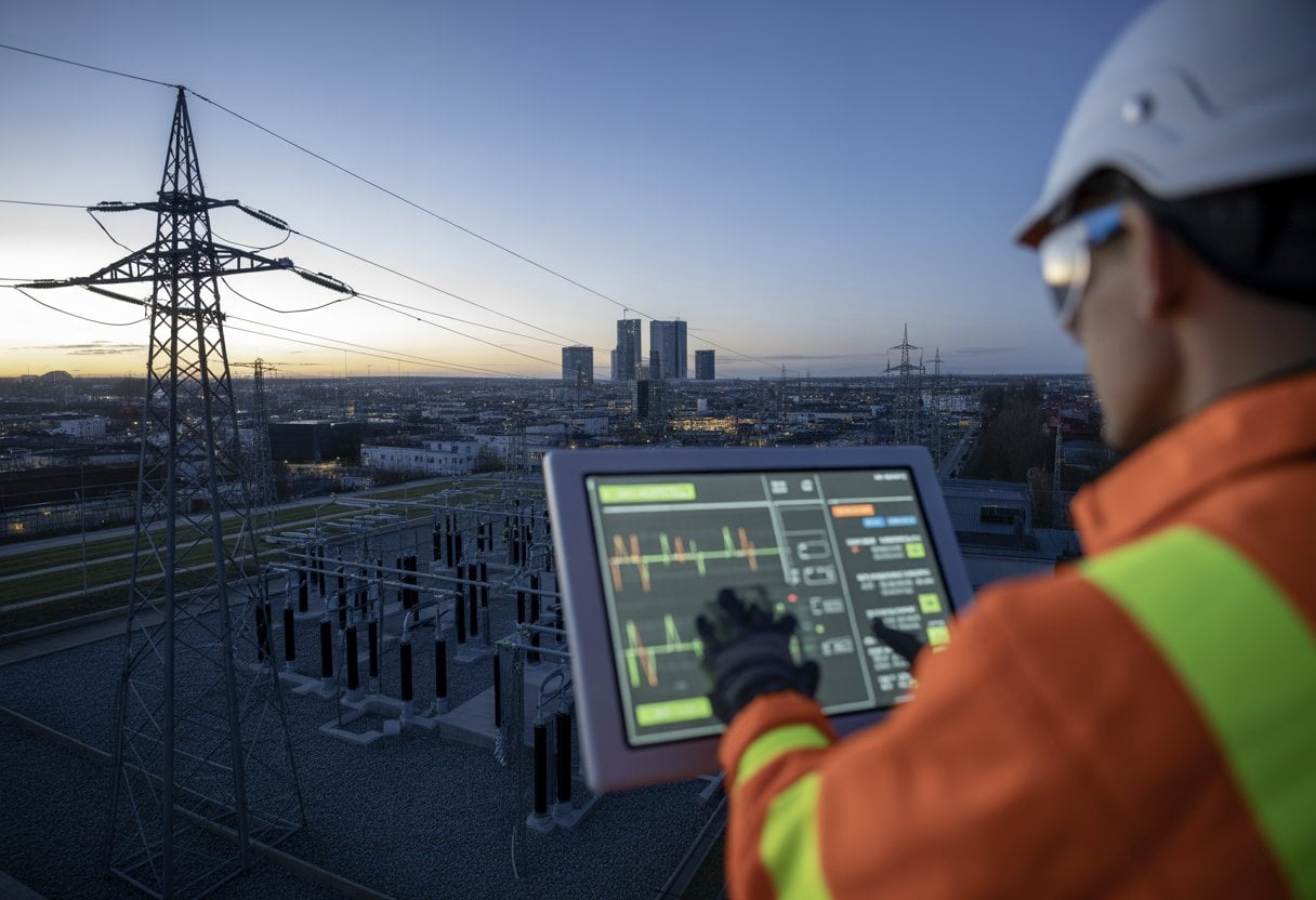 Blackout-Risiko Deutschland 2026: Realistische Einschätzung 3 Techniker überprüft ein digitales Kontrollpanel vor einer deutschen Stadt mit Stromleitungen und erneuerbaren Energiequellen im Hintergrund.