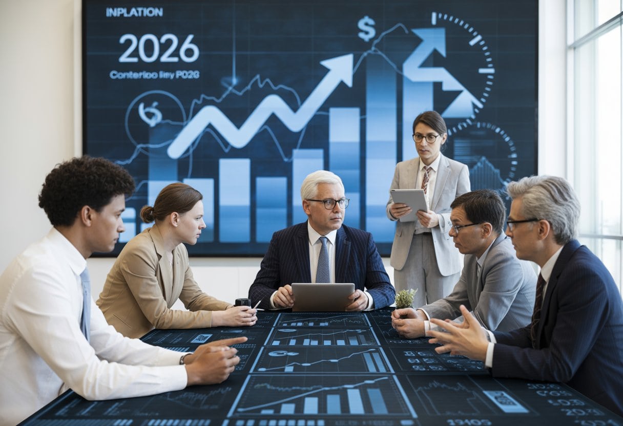 Inflation 2026: Warum Preise Trotz Zinssenkungen Hoch Bleiben 2 Eine Gruppe von Fachleuten in einem modernen Büro diskutiert Finanzdaten und Wirtschaftstrends, um die Zusammenhänge von Inflation und Zinssenkungen zu verstehen.