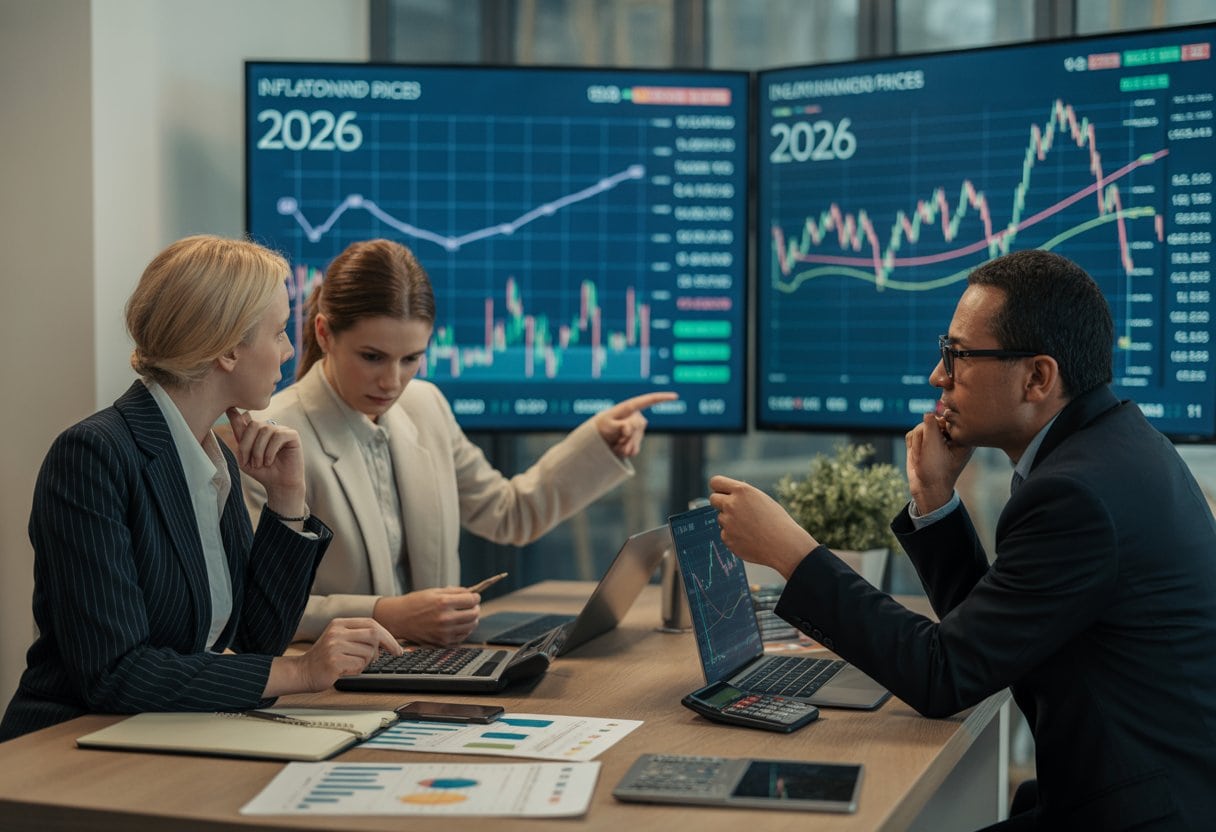Inflation 2026: Warum Preise Trotz Zinssenkungen Hoch Bleiben 3 Geschäftsleute analysieren Finanzdiagramme in einem modernen Büro, die steigende Preise und wirtschaftliche Trends zeigen.