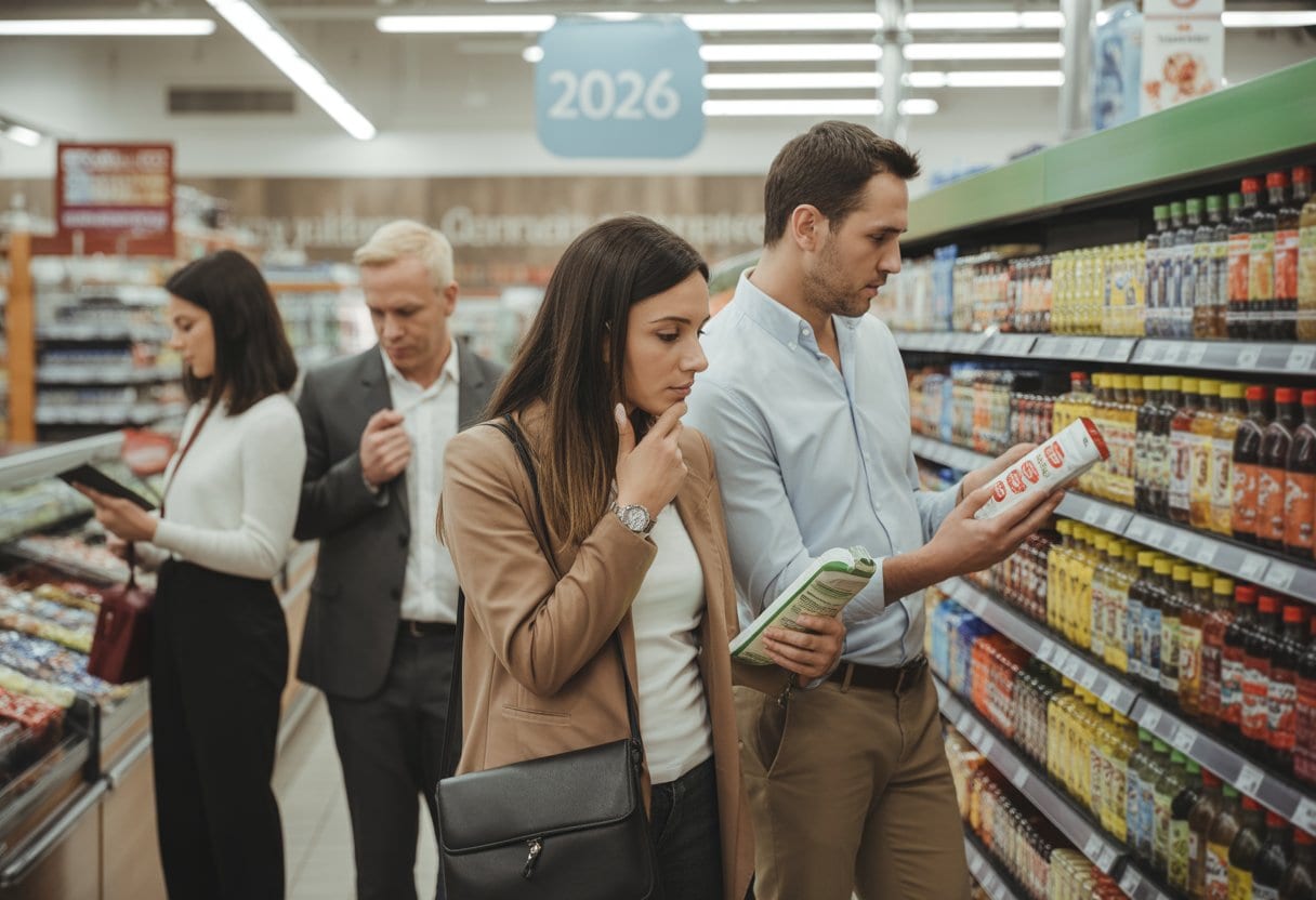 Zuckersteuer Deutschland 2026: Wirkung, Chancen, Grenzen 1 Menschen in einem deutschen Supermarkt betrachten zuckerhaltige Produkte in den Regalen, während sie über gesunde Ernährung nachdenken.
