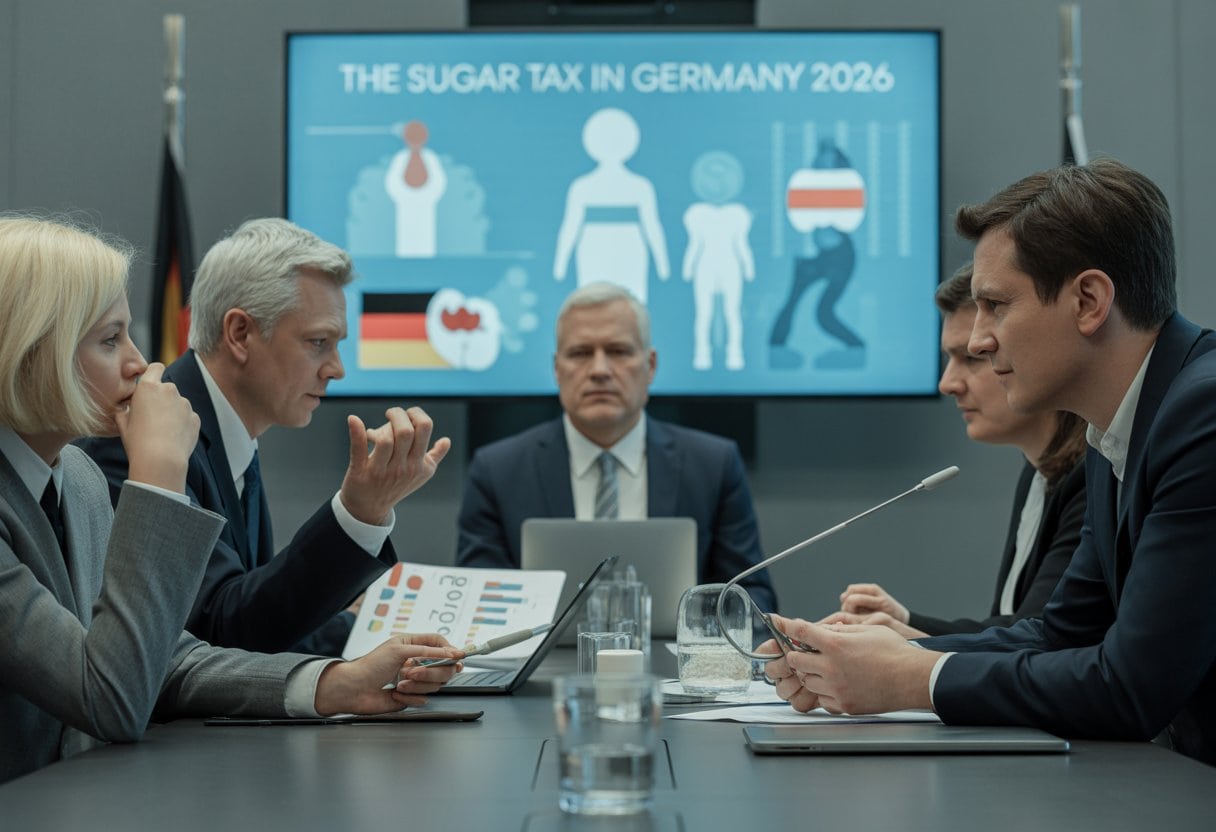 Zuckersteuer Deutschland 2026: Wirkung, Chancen, Grenzen 2 Politiker und Experten diskutieren in einem Konferenzraum über die Zuckersteuer in Deutschland.