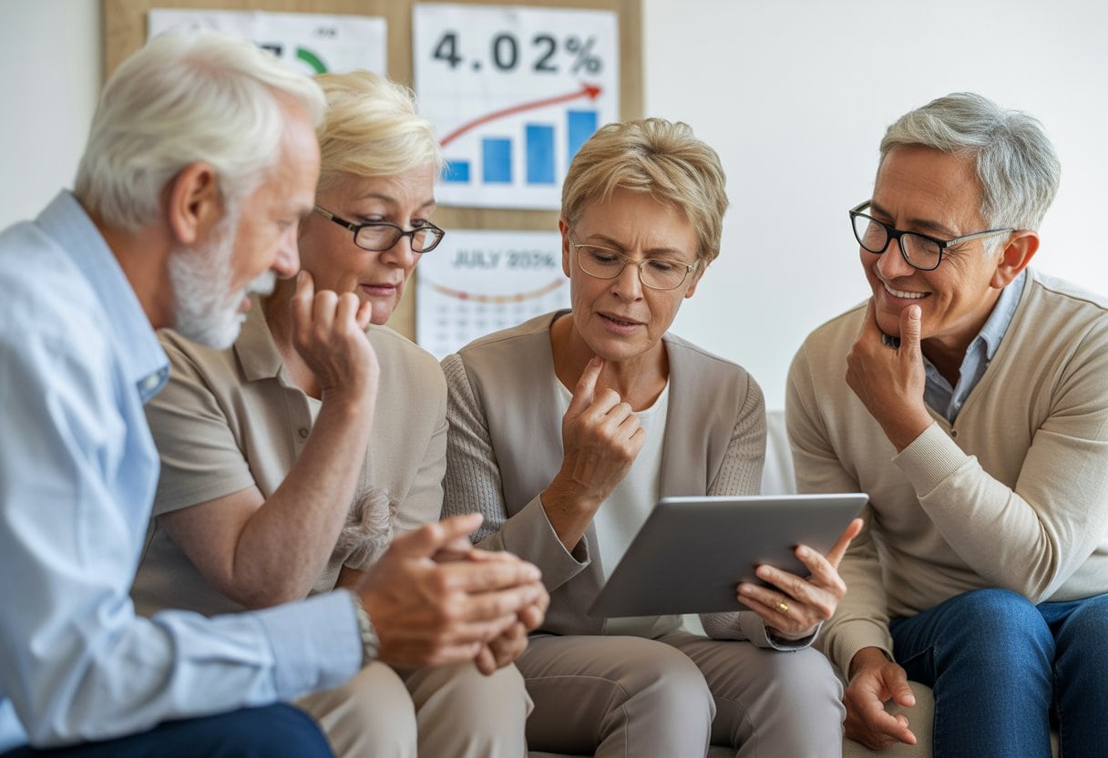 Eine Gruppe älterer Menschen diskutiert gemeinsam in einem hellen Wohnzimmer über Finanzunterlagen.