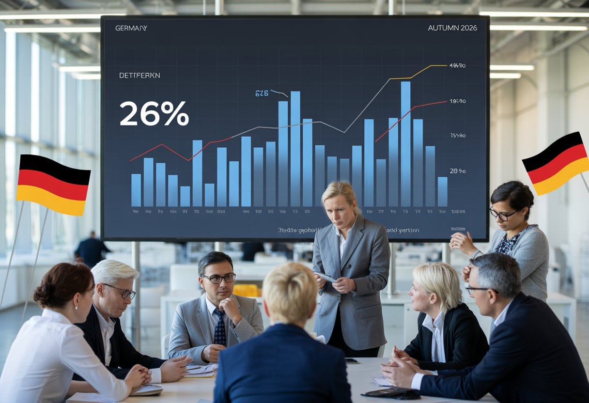 Menschen in einem modernen Büro analysieren Umfragedaten auf einem großen Bildschirm mit Diagrammen, im Hintergrund sind dezente deutsche Symbole zu sehen.