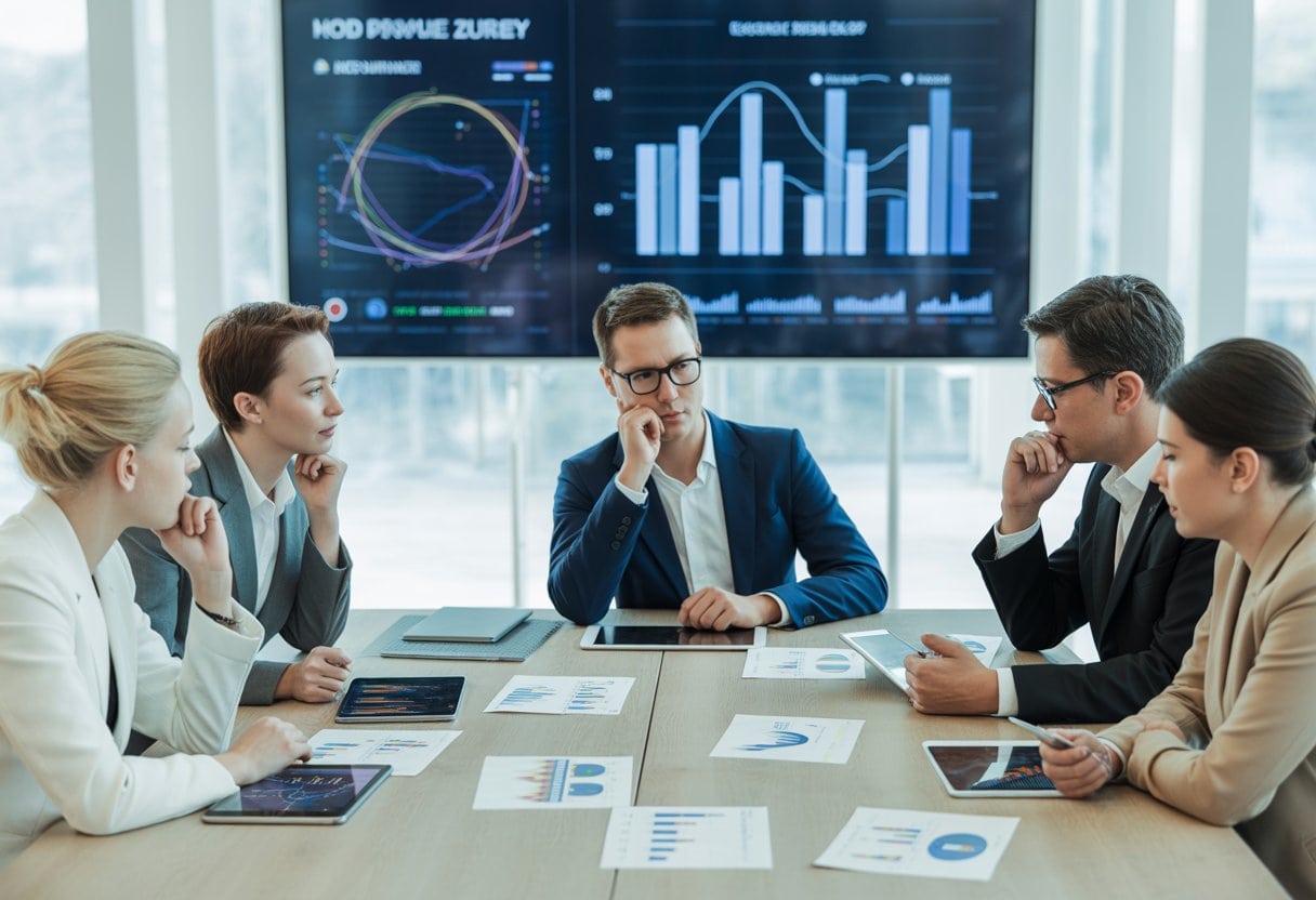 Mehrere Personen diskutieren konzentriert an einem Tisch mit Diagrammen und digitalen Geräten in einem modernen Büro.
