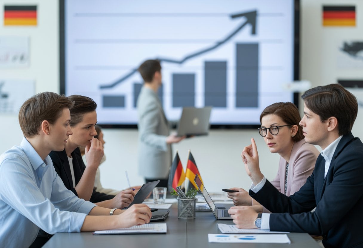 Menschen diskutieren konzentriert bei einer Besprechung mit Diagrammen und Laptops in einem modernen Konferenzraum.