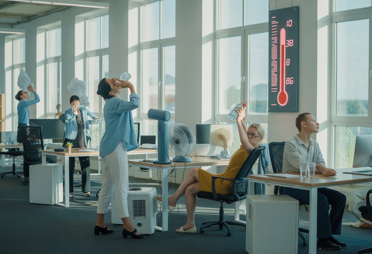 Büroszene mit Mitarbeitern, die bei großer Hitze arbeiten und sich mit Ventilatoren und Wasser abkühlen.