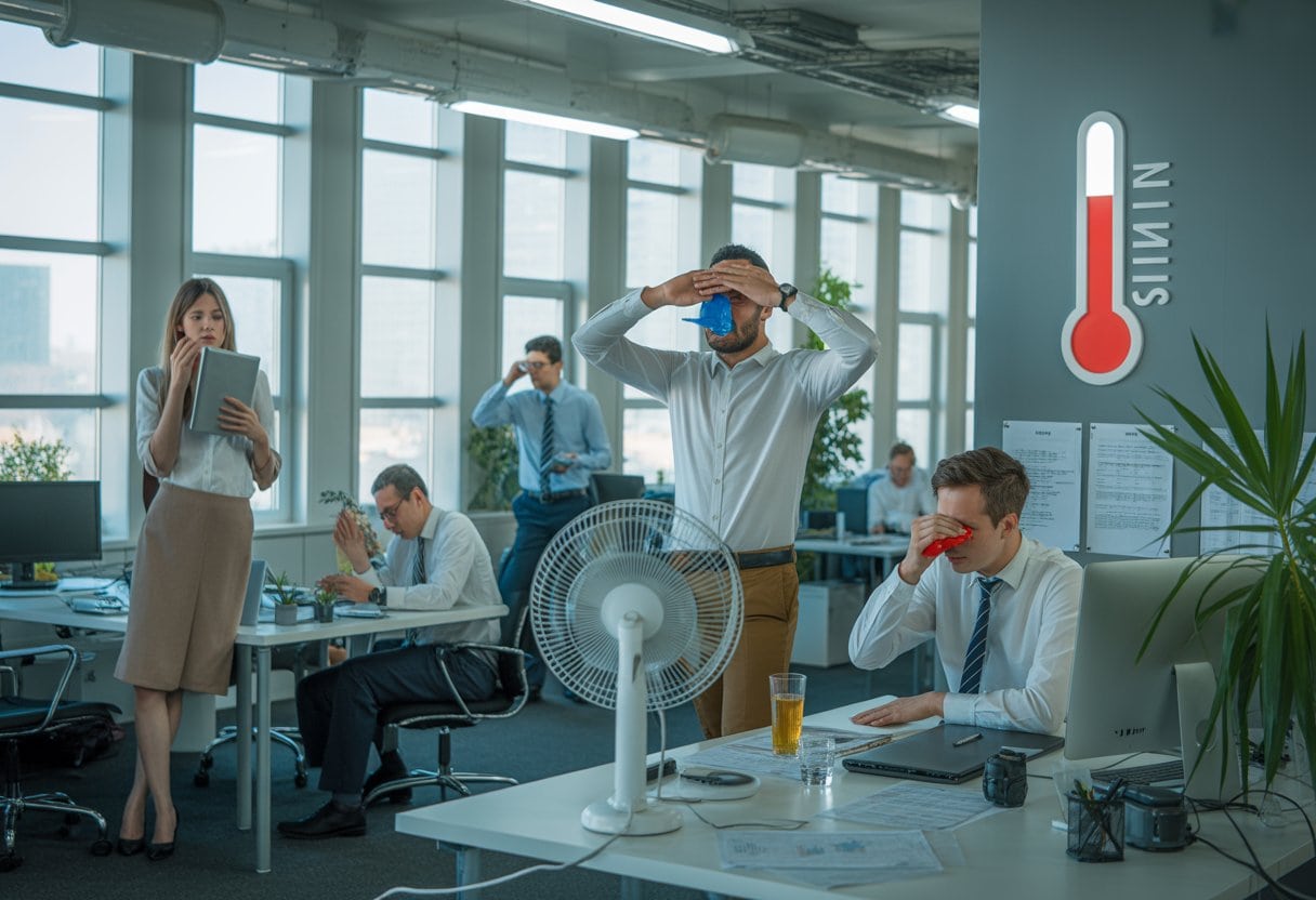 Büromitarbeiter in einem modernen Büro wirken durch Hitze am Arbeitsplatz erschöpft und benutzen Ventilatoren und Wasser.