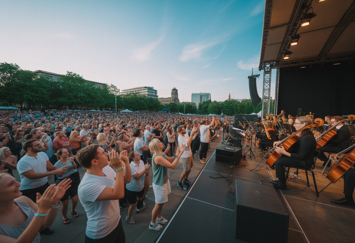 Menschen genießen ein Open-Air-Klassikkonzert im Sommer in einem deutschen Stadtpark mit einem Orchester auf der Bühne und einer großen, fröhlichen Zuschauermenge.