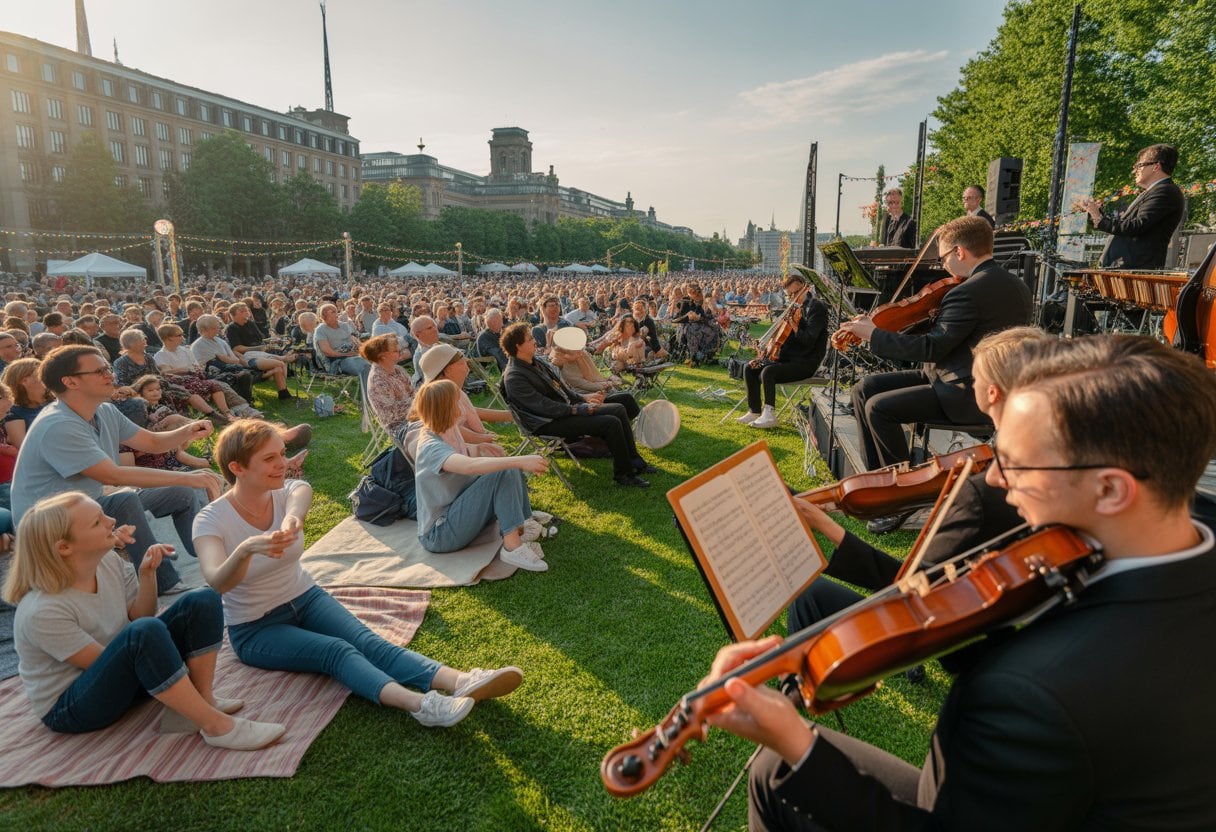 Menschen genießen ein klassisches Open-Air-Konzert in einem Park mit Bäumen und historischer Architektur im Hintergrund.