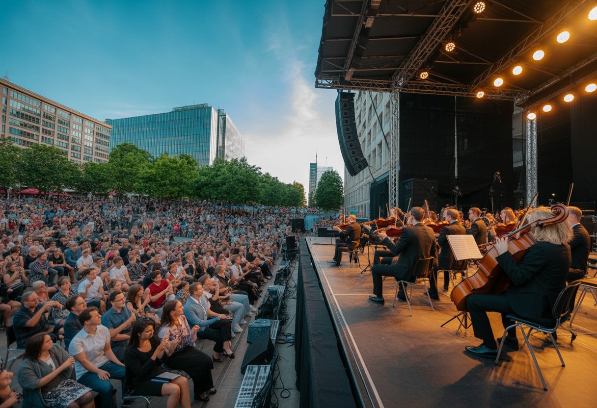 Große Menschenmenge bei einem Open-Air-Klassikkonzert im Freien mit Musikern auf der Bühne und Stadtgebäuden im Hintergrund.