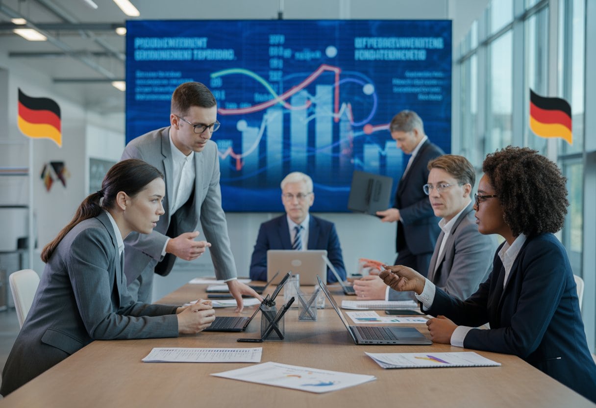 Mehrere Fachleute in einem modernen Büro diskutieren konzentriert um einen Konferenztisch mit Dokumenten und Laptops.