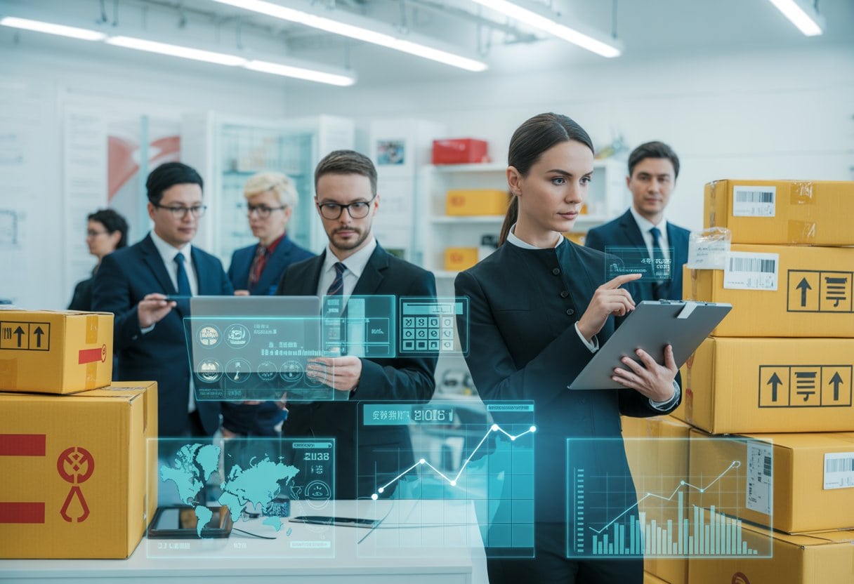 Menschen in einem modernen Büro prüfen Pakete und digitale Daten zu internationalen Versand- und Zollvorschriften.
