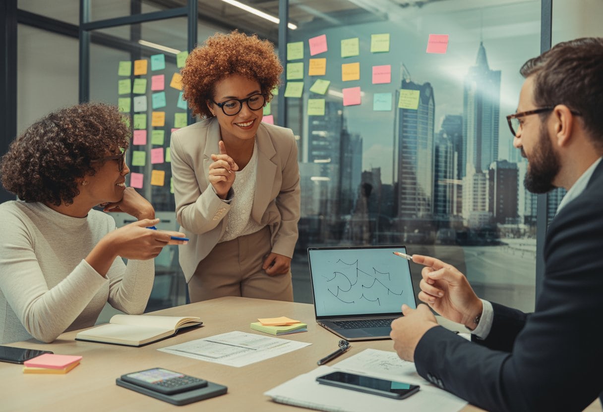 Unternehmensgründung 2026: Förderung und Finanzierung 3 Drei Gründerinnen und Gründer besprechen in einem modernen Büro gemeinsam Finanzierungsunterlagen.