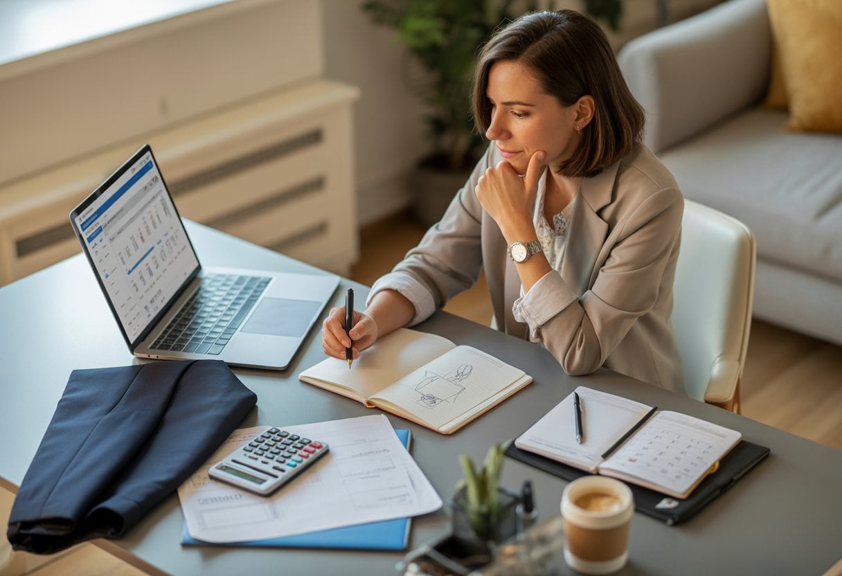 Eine Berufstätige plant an einem Schreibtisch die Gründung eines eigenen Nebenbusiness.