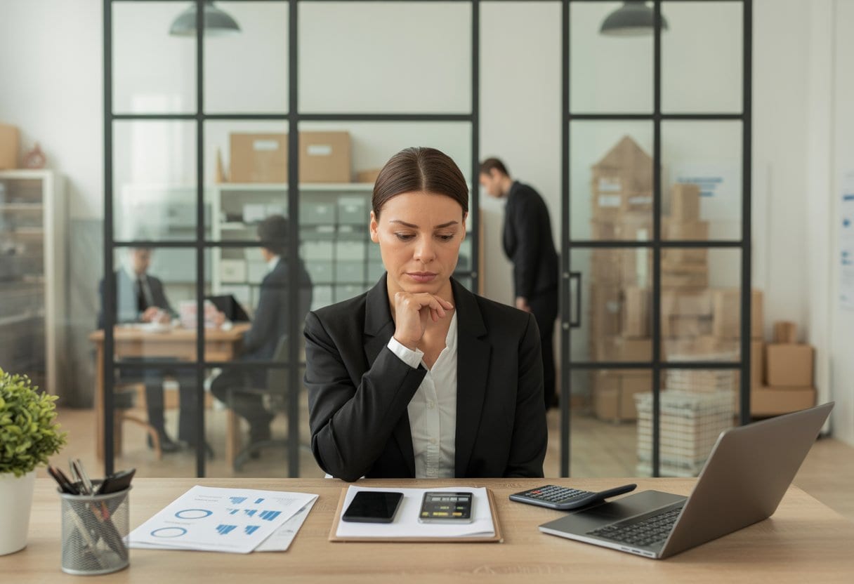 Eine Unternehmerin prüft in ihrem Büro nachdenklich verschiedene Finanzierungsoptionen, während im Hintergrund ihr kleines Team arbeitet.